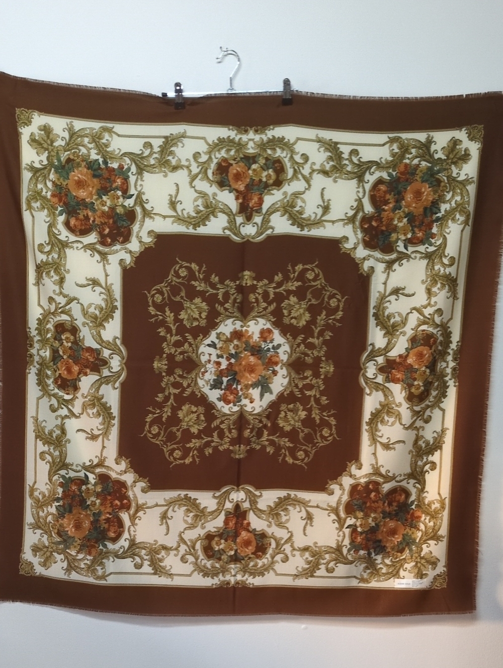 Vintage 1980s Traditional Floral Brown White Oversized Square Scarf 45" x 45"